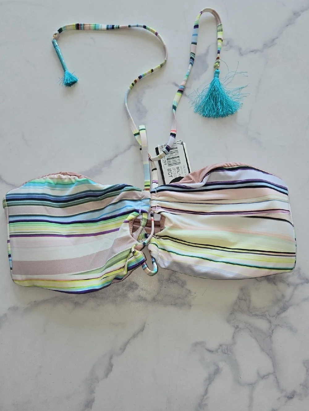 Bar III Aqua Multi Strappy Bandeau Halter Top Tassel Lace up Beach Size XL NWT